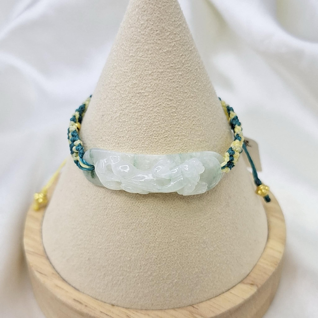 A貨翡翠 緬冰飄花帶財草龍設計款手牌繩/鵝鵝天然翡翠/A9475507 玉石手牌 草龍手牌 編織手繩