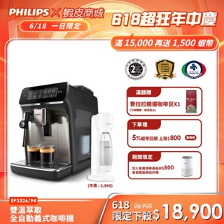 【Philips 飛利浦】雙溫萃取全自動義式咖啡機 經典銀(EP3326/94)+贈SODASTREAM氣泡水機