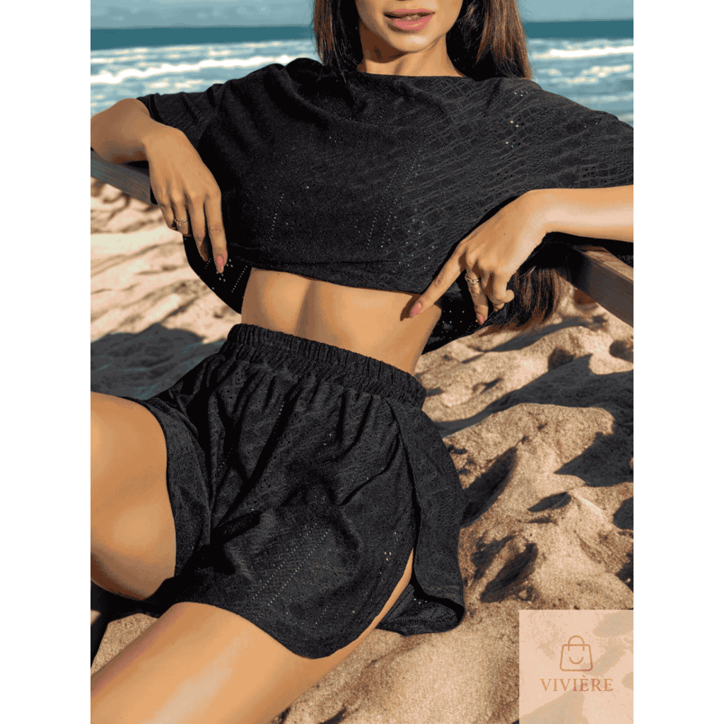 VIVIERE【泳池派對推薦】換季清倉特賣 Bikini／泳裝罩衫套裝 微透短版上衣 + 高腰鬆緊褲