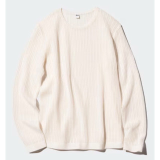 UNIQLO 女裝 蕾絲圓領針織衫(長袖) S OFF WHITE