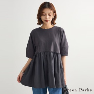 Green Parks 光澤感異素材拼接A字抓褶長版上衣(06000985600)