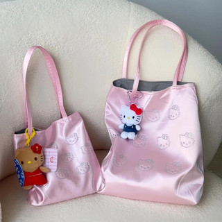 輕奢hello kitty手提包 緞面絲綢單肩包 女生托特包 大容量通勤包 粉紅色環保袋 黑色手提包女 學生單肩背包