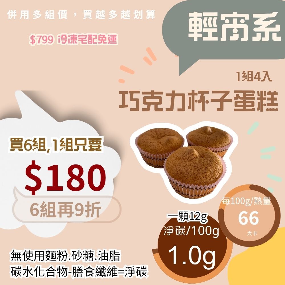 米林香 無麵粉巧克力杯子蛋糕4入裝 母親節蛋糕|一入8大卡|淨碳0.2g 無蔗糖蛋糕 滿足感 無澱粉甜點