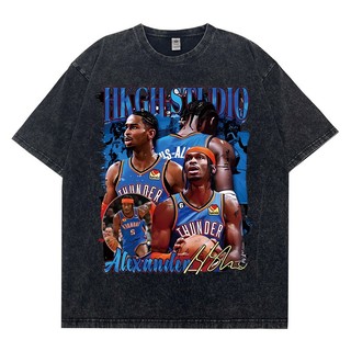 nba 雷霆隊 sga 亞歷山大 純棉T恤 水洗做舊 短袖 T恤 純棉短袖t落肩短袖T恤 夏潮牌寬松落肩袖純棉青年運動t