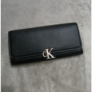 Calvin Klein♥ 經典黑色 CK 荔枝紋皮革 掀蓋長夾 皮夾 錢包
