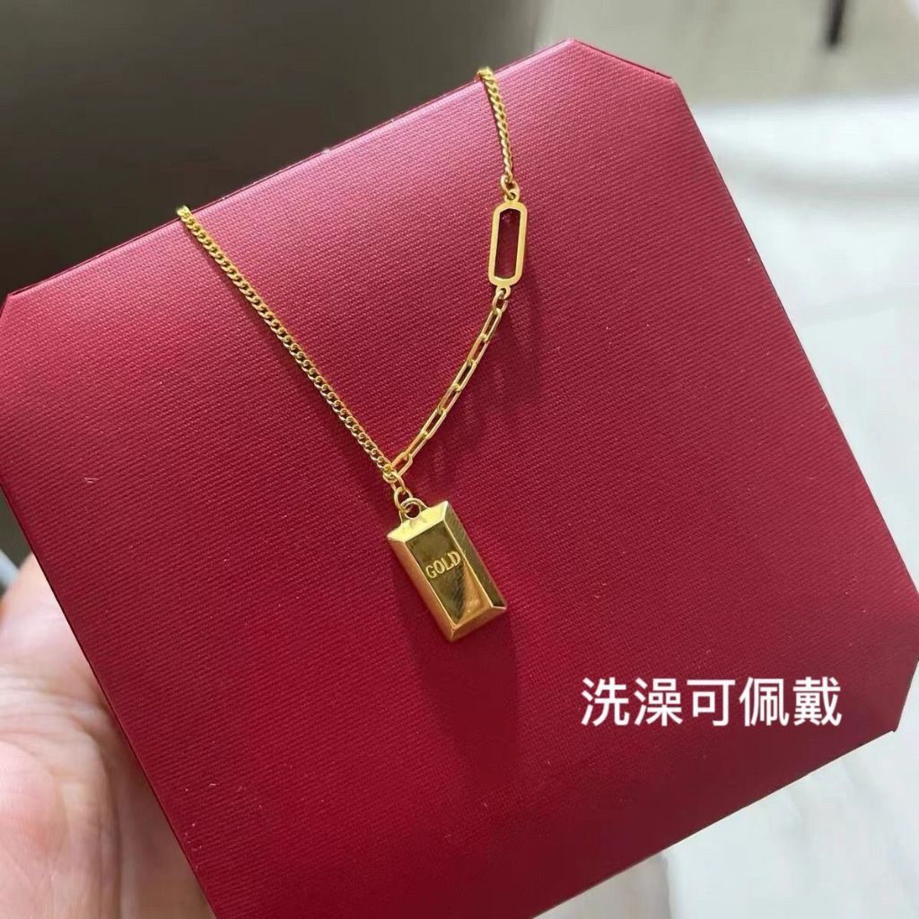 BOEY精品飾品-小金條項鏈不掉色鎖骨鏈金磚小方磚毛衣鏈暴富弔墜黃金色周家同款