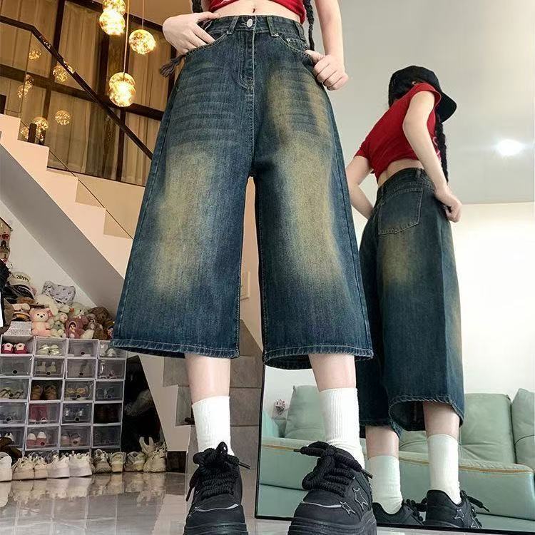 【24時出貨】美式復古藍高腰七分褲 七分牛仔短褲 大碼女裝 直筒中褲 高腰闊腿褲 牛仔短褲 高腰牛仔褲 五分寬褲