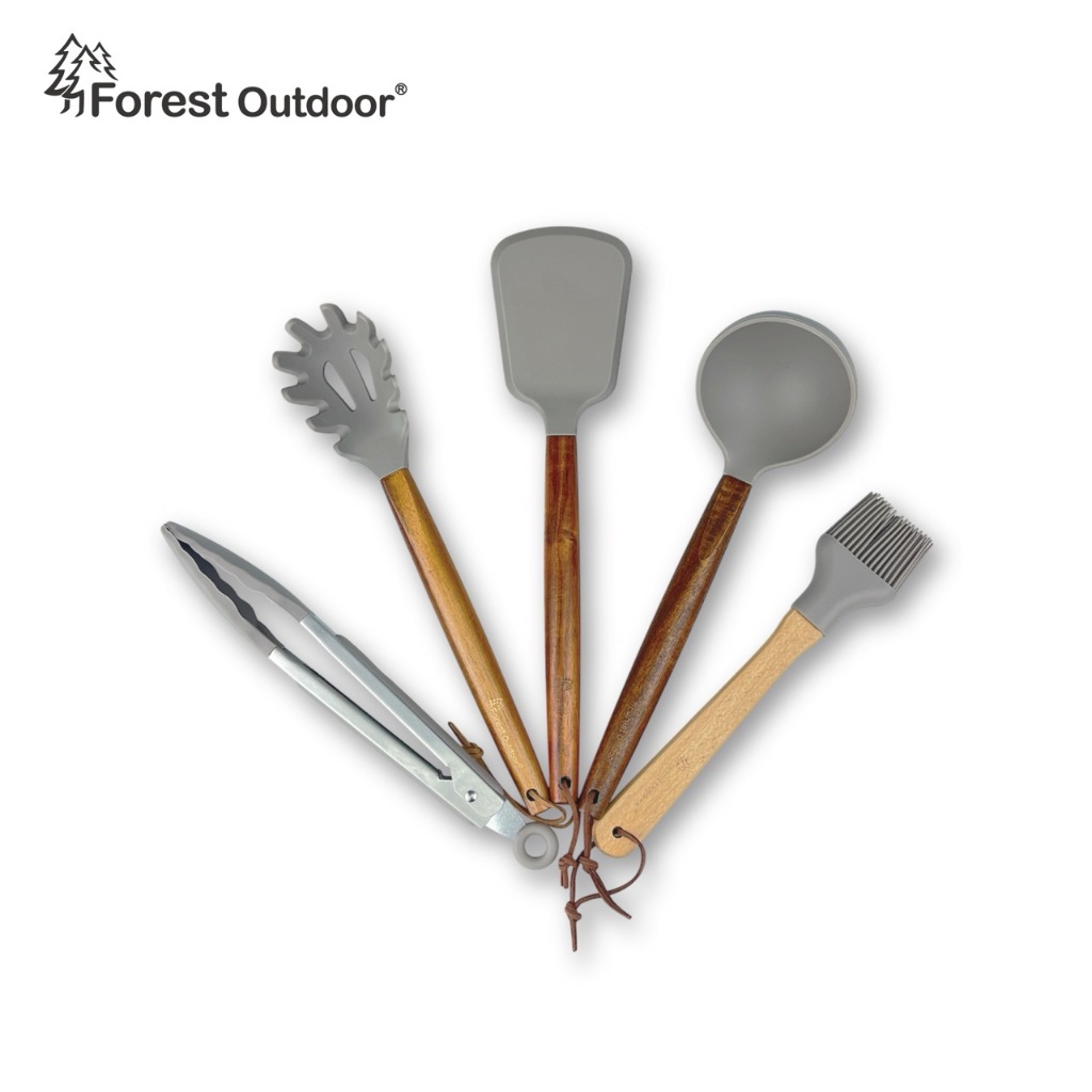 【Forest Outdoor原木矽膠廚具】 食品級矽膠 廚具 鍋鏟 食物夾 烤肉刷 大湯勺 撈麵勺 原木 料理 露營