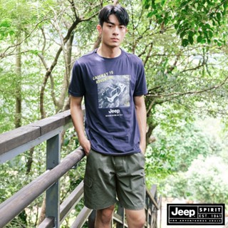 JEEP 男裝 鬆緊口袋工作短褲-軍綠色
