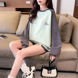 胖胖美依 上衣 大學T 外套M-XL牛奶絲複合春秋薄長袖韓版寬鬆顯瘦拼接上衣TCF02-76353.