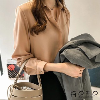GOFO 長袖襯衫 韓系穿搭 OL百搭 簡約 素面雪紡衫 女生襯衫 女裝 秋天 長袖上衣 秋冬 春裝服飾 春天衣服