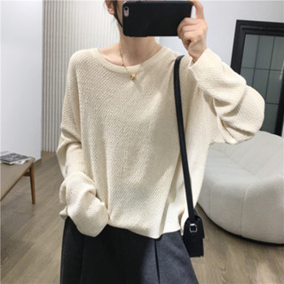 花灰灰🌟顯瘦慵懶女孩 l 杏X灰X黑 氣質慵懶質感紋理圓領長袖針織衫 秋季新款寬鬆顯瘦長袖針織上衣 長袖上衣 薄款針織