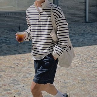 臺灣發貨 韓版半拉鏈翻領套頭條紋大學T 簡約百搭 男生衛衣 秋韓版撞色寬鬆休閒長袖衫上衣潮 大學T男 復古 落肩 衛衣男