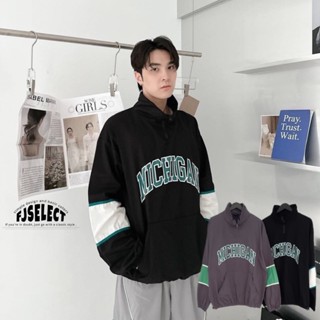 ［FJ select］MICHIGAN美式復古撞色接袖外套 翻領 POLO衫 寬鬆 落肩長袖上衣 男生長袖 女上衣 情侶