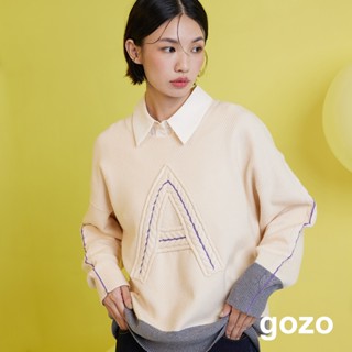 【gozo】麻花字母配色仿兔絨毛衣(白色/淺綠 F) | 女裝 圓領 休閒