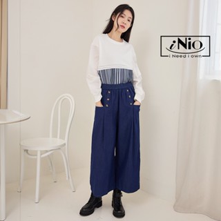 iNio 衣著美學 長褲 現貨 丹寧風 雙口袋 鬆緊腰 牛仔寬褲 CDW2737