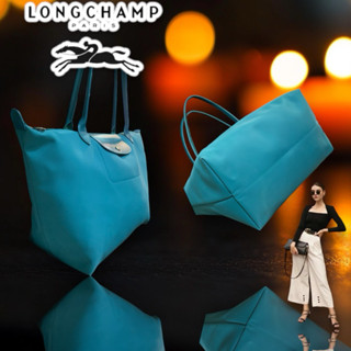 二手🌈93%🆕 LONGCHAMP LE PLIAGE GREEN系列刺繡 肩背 長把 厚款尼龍 摺疊水餃包💧大/孔雀藍