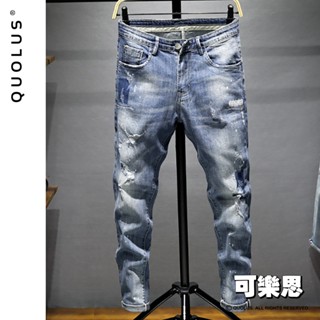 高品質牛仔褲 寬版 刷破 復古色 休閒長褲 刀割褲 膝蓋 破壞 破褲男生長褲 牛仔褲 彈力牛仔褲 丹寧褲顯瘦褲子
