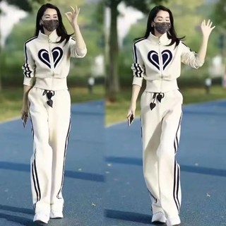 大碼套裝 個人套裝 休閑裝💕春季新款高階感立領拉鏈衛衣外套闊腿褲兩件套時尚休閑運動套裝女