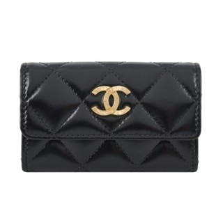 CHANEL經典刻紋雙C LOGO菱格紋小羊皮卡片/零錢夾(黑色)｜100%原廠真品｜JS Maxx官方旗艦館