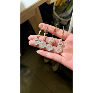 天然翡翠A貨緬甸料 冰種如意 環環 夾式耳環 耳勾