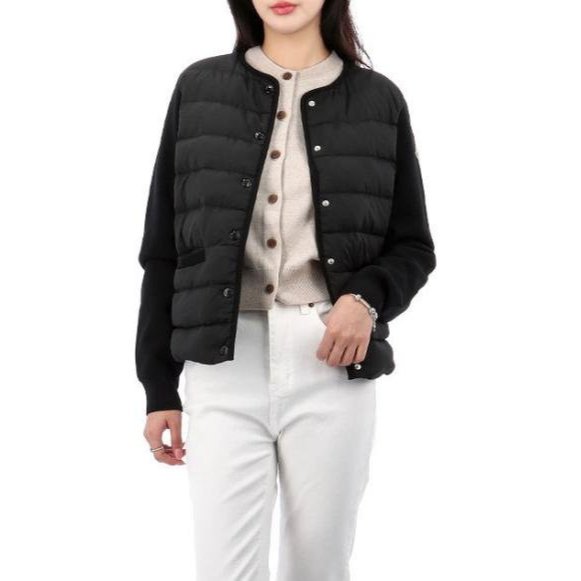 全新真品現貨 Moncler 小香風無領羊毛拼接羽絨外套 黑色 大人XS號