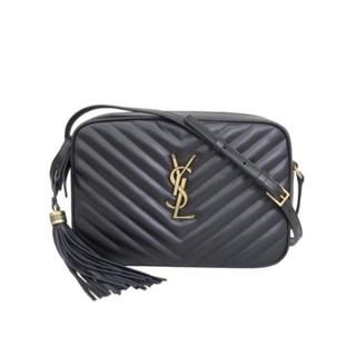 Saint Laurent 715232 YSL Lou 衍縫小牛皮相機流蘇包 黑色/金字Logo【促銷品】