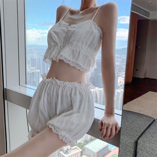 ❤️霏夜❤️臺灣現貨天天出貨有發票❤️綁帶爆乳兩截式居家睡衣 日系蕾絲邊 細肩露腰 套裝家居服 性感內衣 睡褲 S117