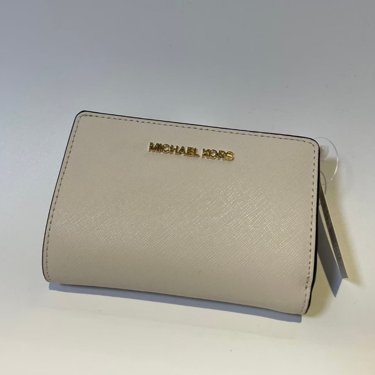 【全新未使用】MICHAEL KORS MK中夾 白色 防刮皮革素面釦式雙折皮夾 中夾