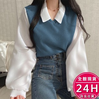 【梨卡】隔日到貨 女裝 上衣 女上衣 假兩件上衣 POLO領長袖衛衣 螺紋寬鬆百搭上衣 保暖上衣WT087【現貨24H】
