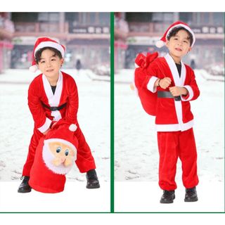 Kids Boys Santa Claus Costume Velvet Suit Outfit Santa Hat