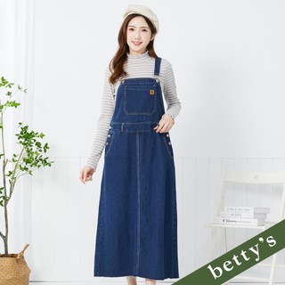 betty’s貝蒂思(35)下擺不收邊鬆緊腰牛仔吊帶長裙(深藍)