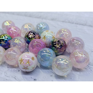 7個隨機價☆16MM鎏金七彩刻星描金果凍珠 鍍UV 串珠 串珠材料 珠子 DIY飾品 手機鏈配件