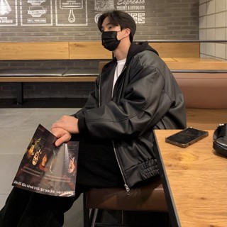 【Joybuy】韓國男裝連帽皮衣外套寬鬆皮衣夾克