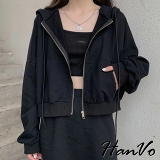 【HanVo】簡約素色短版連帽外套 薄款拉鍊開衫外套 韓系女裝 女生衣著 A07-4541