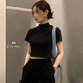 【Fee現貨10色】正韓彈性微高領合身短袖上衣T恤🔥半高領短袖上衣 立領內搭上衣 五分袖打底衣 素色衣 GAT 韓國