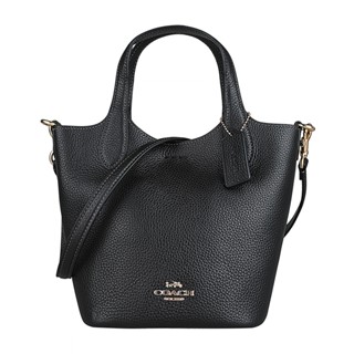 COACH Hanna金字馬車LOGO荔枝壓紋牛皮吸釦式手提斜背水桶包(小/黑)