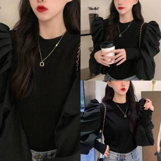 (時尚單品上裝)🖤韓版針織拼接泡泡袖時尚設計感純色打底衫上衣🖤泡泡袖 內搭 打底衫 設計感 小眾 半高領 針織衫 毛衣
