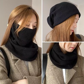 防風面罩 保暖針織圍脖 純色帽子圍巾兩用掛耳面罩 冬季保暖掛耳針織毛線護頸圍脖 脖套