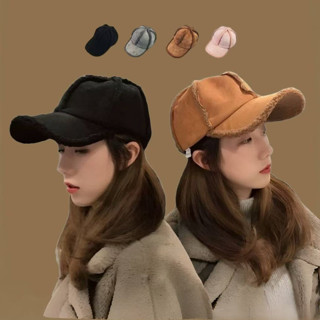 現貨-復古百搭麂皮羊羔絨棒球帽女秋冬季韓版貉子毛球帽時尚保暖鴨舌帽