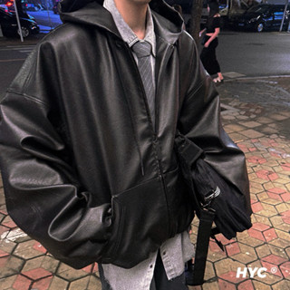 [HYC] 韓國 短寬 廓形 連帽 皮衣 外套 細膩 微光澤感 環保 PU 防風衣 BOXY 短寬外套 皮外套 皮革外套