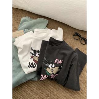 花灰灰🌟最可愛絨絨款 l 白X灰兩色 舒適磨毛保暖可愛狗狗印花加厚長袖T恤 冬季新款寬鬆顯瘦百搭內搭長版上衣 內搭上衣