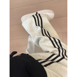 美式復古白灰色條紋加絨運動褲 棉褲 長褲 運動褲 條紋長褲 闊腿褲 運動長褲 直筒長褲 落地褲 抽繩衛褲 高腰褲 休閒褲
