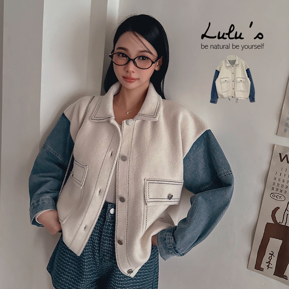LULUS/設計挺版拼接牛仔袖厚磅外套杏【A03240142】牛仔厚棉外套241205