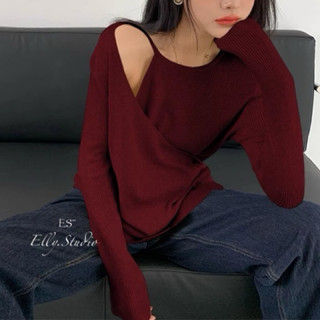 【Elly.Studio】❤️現貨➕預購❤️不規則假兩件露肩針織上衣(7色)小性感百搭通勤針織衫