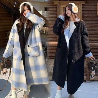 藍色格紋撞色慵懶風連帽毛呢外套女新版韓版氣質寬鬆呢子大衣小香風毛呢大衣 毛呢西裝外套 風衣外套 寬鬆 SHQ0