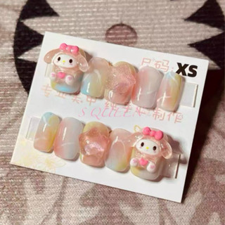 短方XS號立體美甲 美樂蒂立體美甲卡通兒童美甲穿戴甲美甲光療甲指甲片暈染金箔貓眼珍珠水鑽新娘甲假指甲貼片