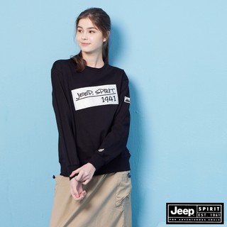 JEEP 女裝 品牌LOGO緞面布標大學T-黑色