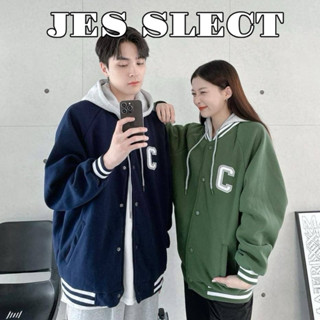【JES】 韓國 高磅 C 字母 撞色帽 連帽 造型 親膚 透氣 時尚 街頭 百搭 潮流 情侶 連帽外套 棒球外套 外套