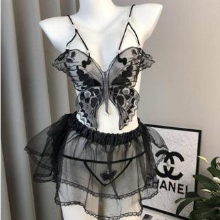 【簡美麗人】情趣內衣 黑色掛脖吊帶背心 女蝴蝶薄紗透視內衣 甜辣妹性感短款套裝 性感內衣 誘惑調情睡衣套裝